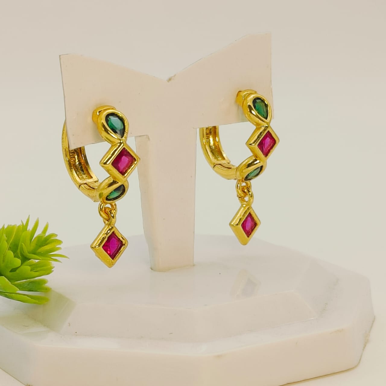 Geometric Ruby and Green Gold Huggies