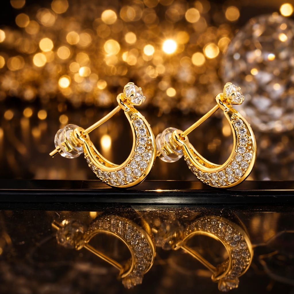 Gold Crystal Pave Crescent Moon Earrings