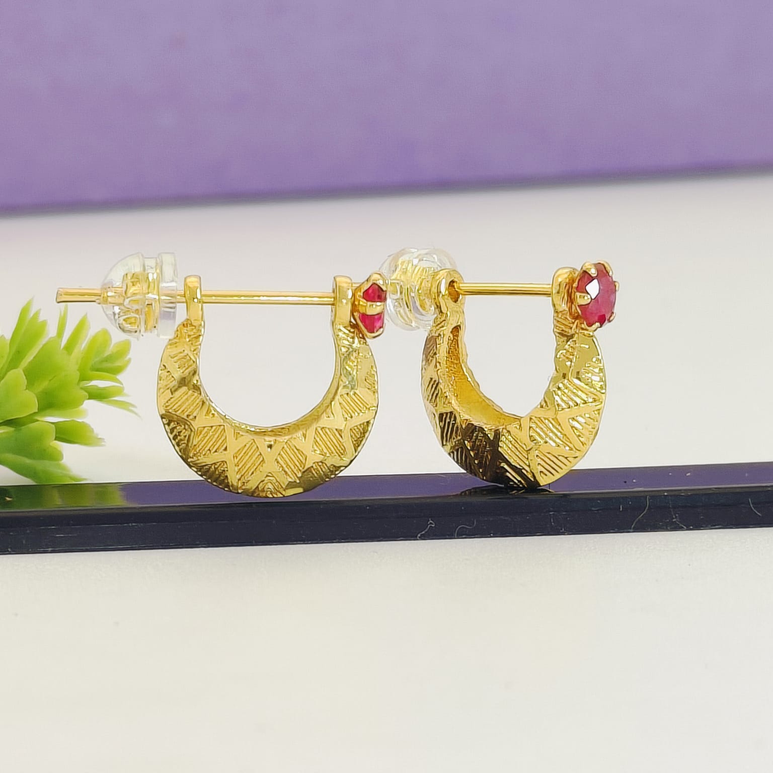 Zig-Zag Textured Ruby Stone Crescent Studs