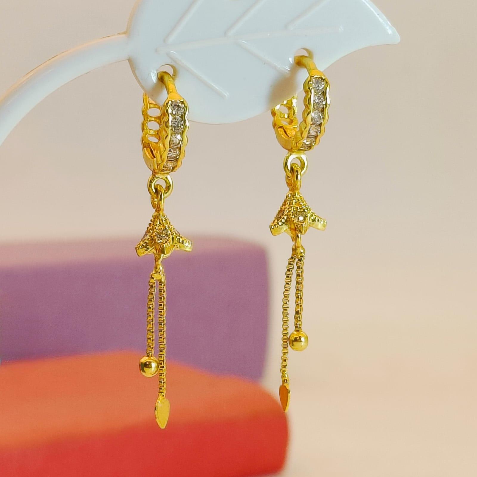 Sparkling Crystal Hoop Earrings with Bell & Chain