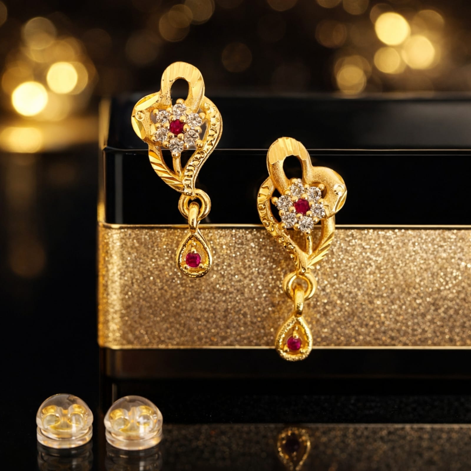 Gold-Plated Ruby-Crystal Heart Floral Drop Earring