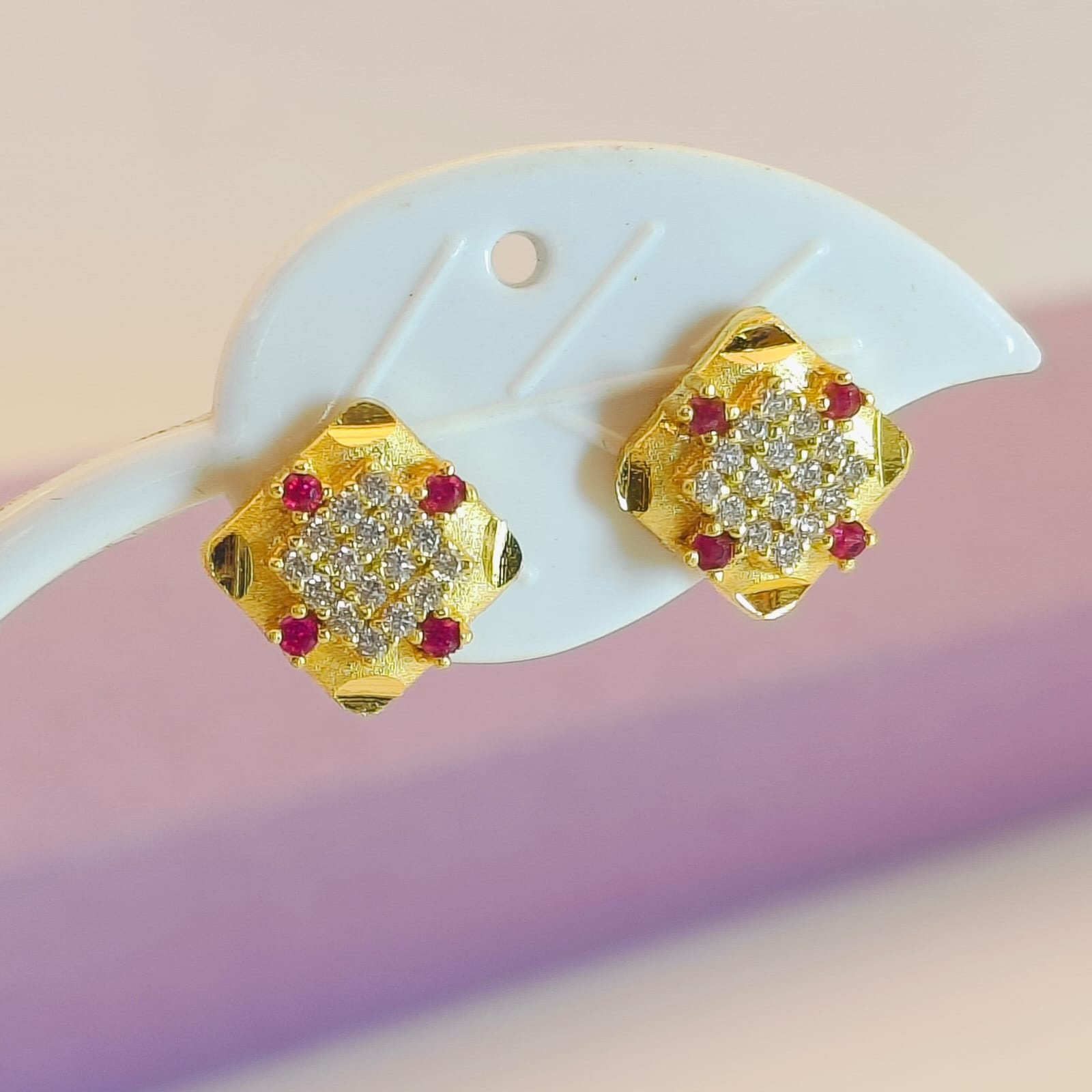Sparkling Rhombus Ruby & Diamond Studs
